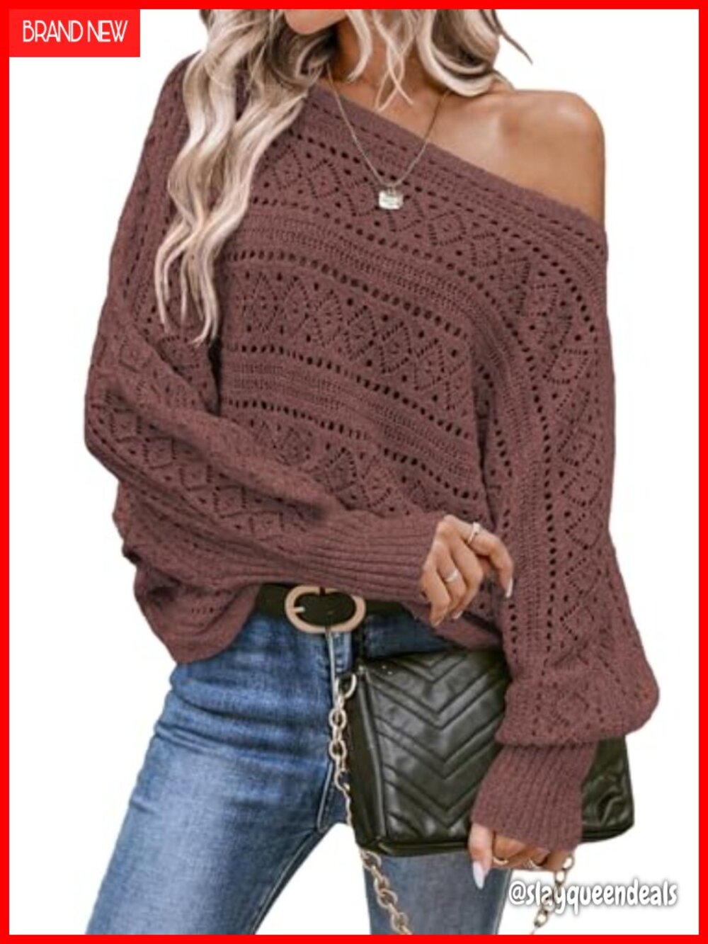 Womens Crochet Boat Neck Long Batwing Sleeve Loose Sweater Pullover